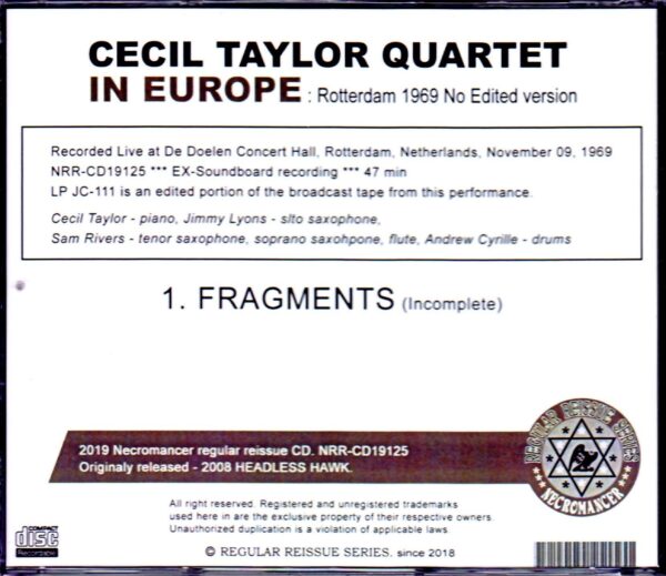 Cecil Taylor Quartet/Netherlands 1969 LP Unedited - Image 2