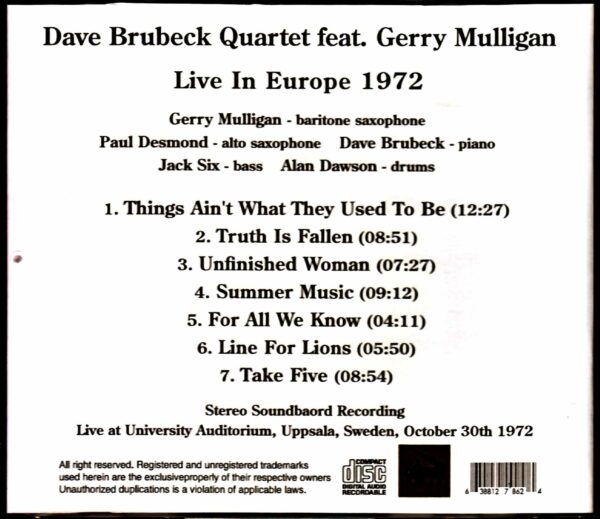 Dave Brubeck Quartet Gerry Mulligan/Sweden 1972 - Image 2