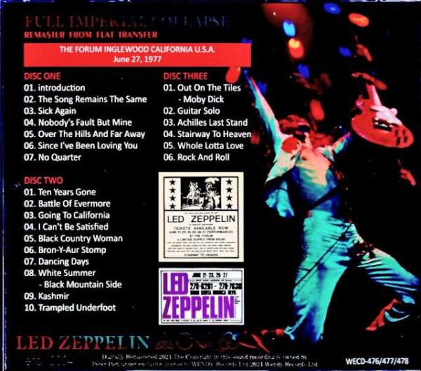 Led Zeppelin / Final Day of Los Angeles Consecutive Shows CA,USA 6.27.1977 Flat Transfer Remaster - Image 2
