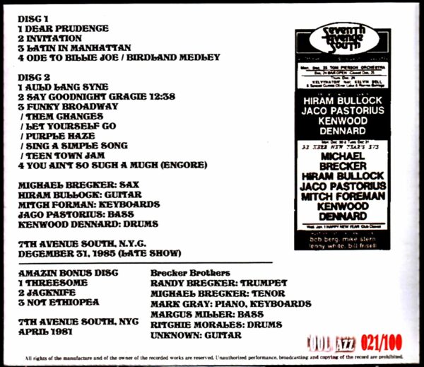 The 7th Avenue South Allstars Michael Brecker,Jaco Pastorius/NY,USA 1985 & more - Image 2
