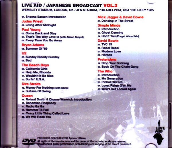 Various Artists Paul Young,Bryan Adams,U2,David Bowie,Queen,The Who/PA,USA 1985 Japanese Broadcast Ver. Vol.2 - Image 2