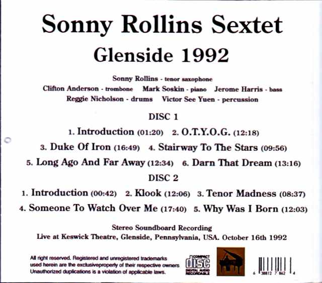 Sonny Rollins Sextet – PA, USA – October 16, 1992 – Complete Soundboard Edition - Image 2