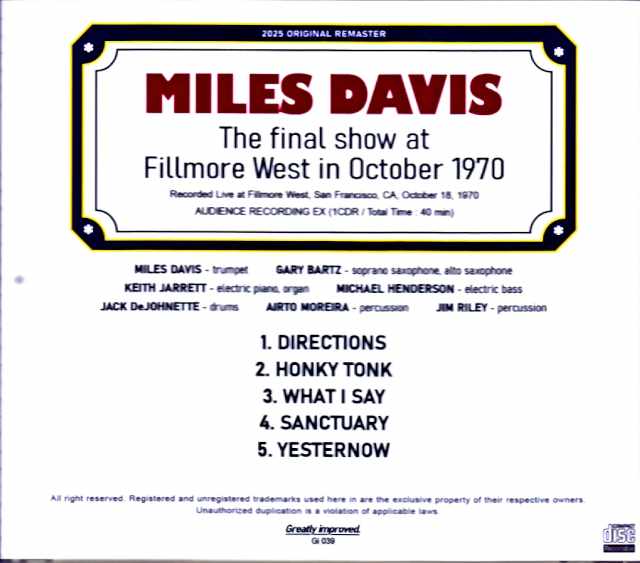 Miles Davis Keith Jarrett Gary Bartz/CA,USA 10.18.1970 Remastered - Image 2